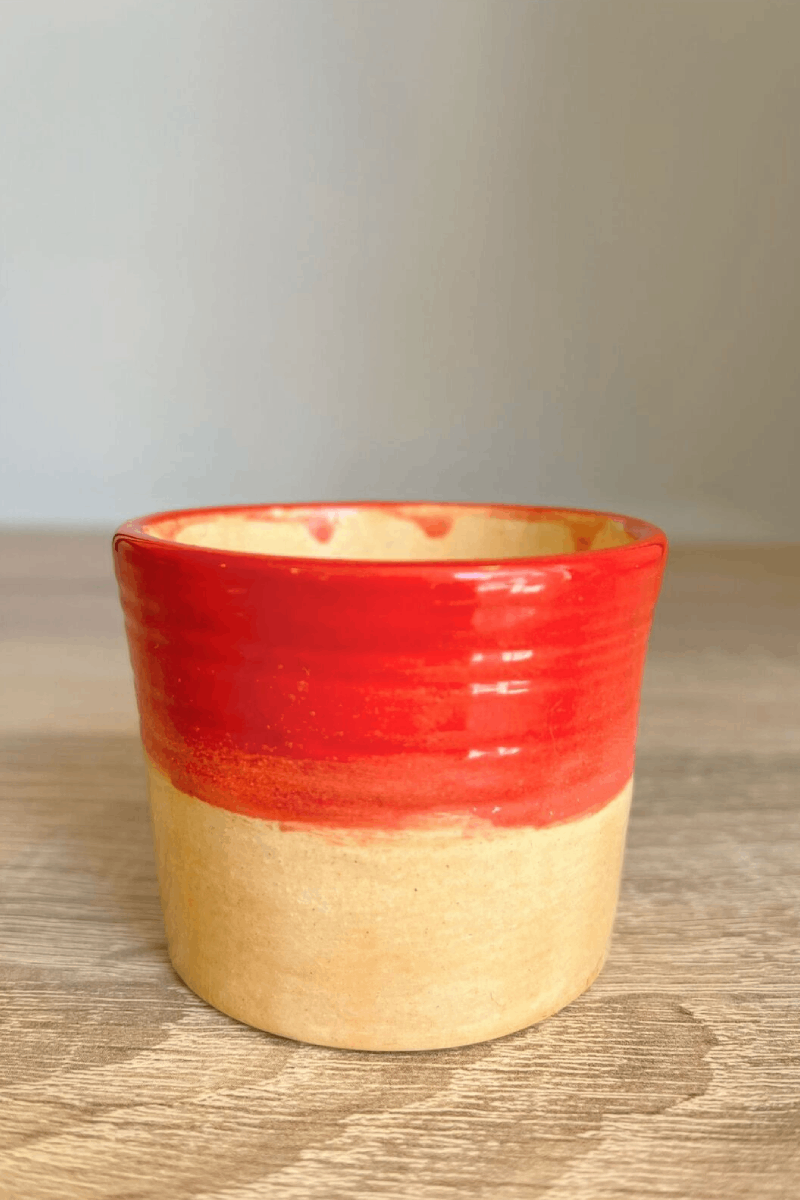 El Yapımı Seramik Hardal & Kırmızı Kulpsuz Espresso Bardağı (Shot Bardağı)